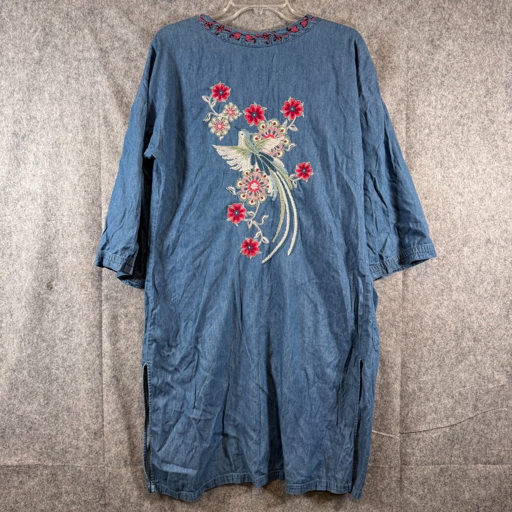 BanJara Denim Kimono Cardigan Top Womens Small Embroidered Floral Boho Bird